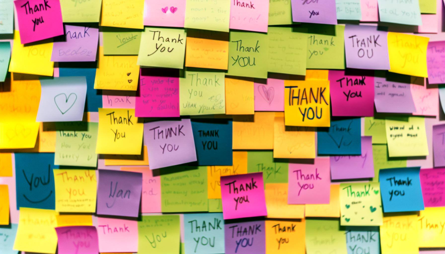 wall of sticky notes with thank you messages