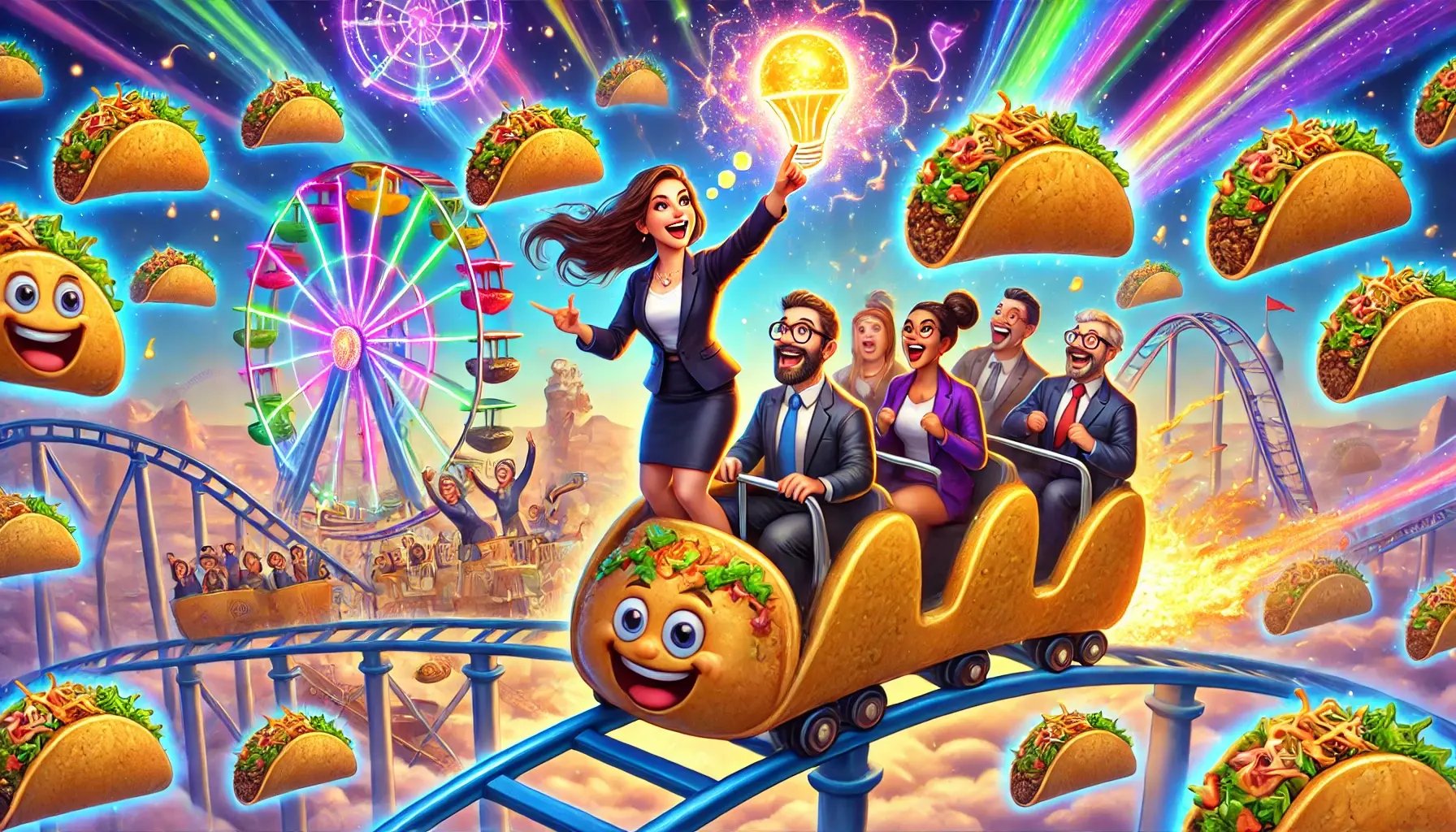 DALL·E 2025-01-28 15.49.18 - A vibrant cartoonish digital artwork of a woman HR professional leading a _Taco-Powered Brainstorming Ride_ in a fantastical amusement park made entir