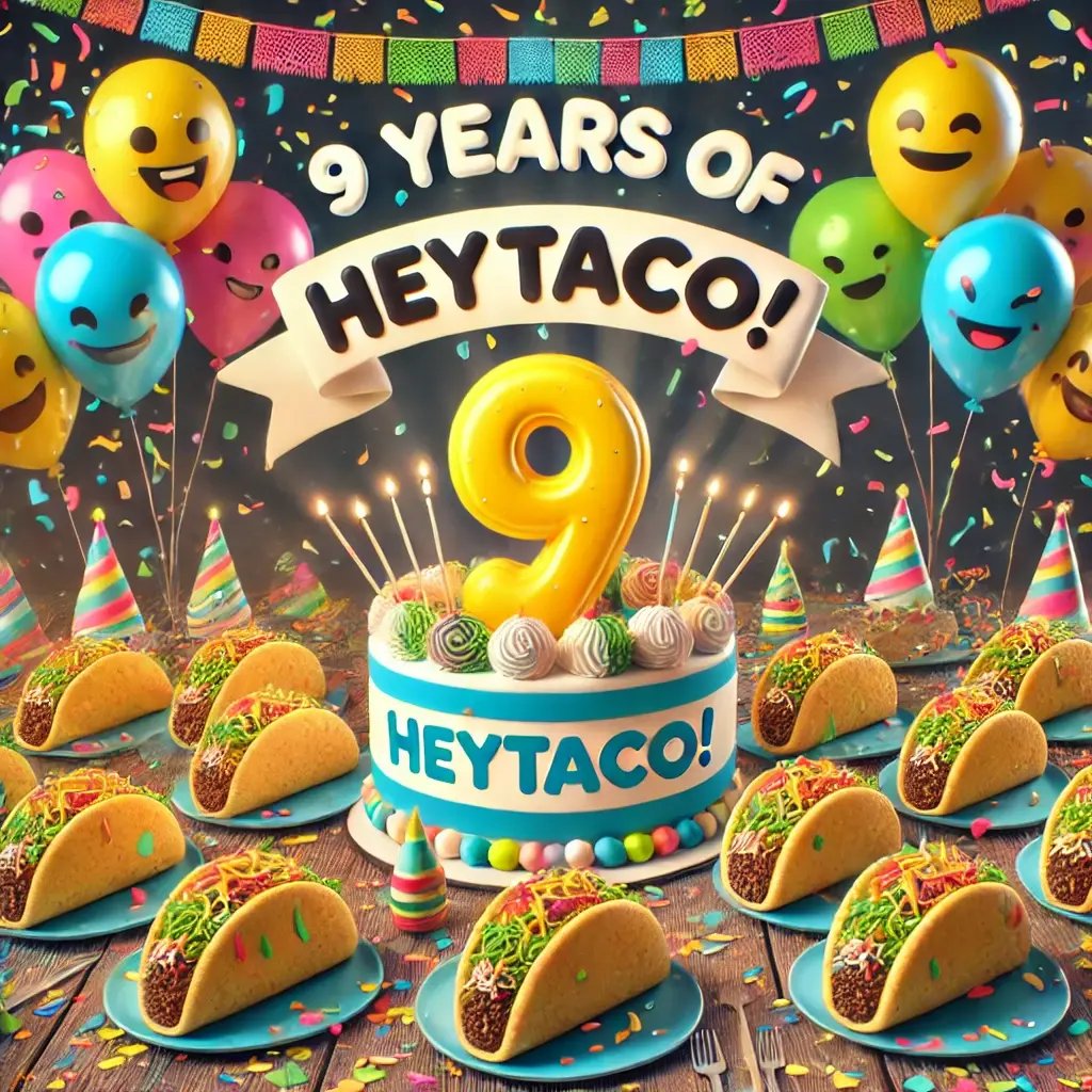 DALL·E 2025-02-06 09.32.04 - A festive celebration scene with colorful confetti, balloons, and tacos as the centerpiece. The image should have a fun, party atmosphere with a taco-