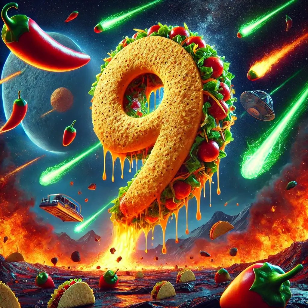 DALL·E 2025-02-06 09.32.46 - A massive number 9-shaped taco balloon soaring through a fiery meteor storm in deep space. The balloon is made of a crispy taco shell with glowing, mo