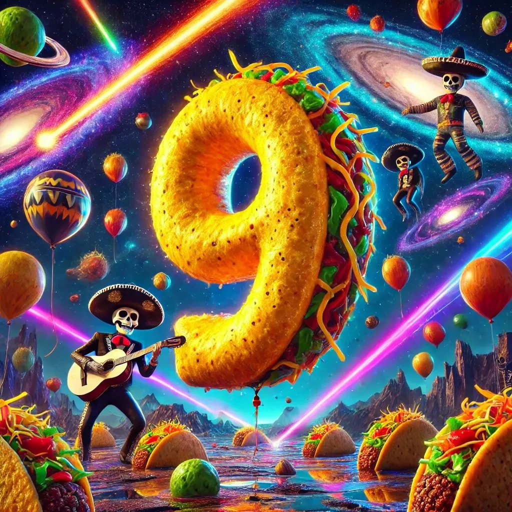DALL·E 2025-02-06 09.32.53 - A giant number 9-shaped taco balloon floating through a wacky, psychedelic space party. The balloon is made of a crispy taco shell, glowing with neon