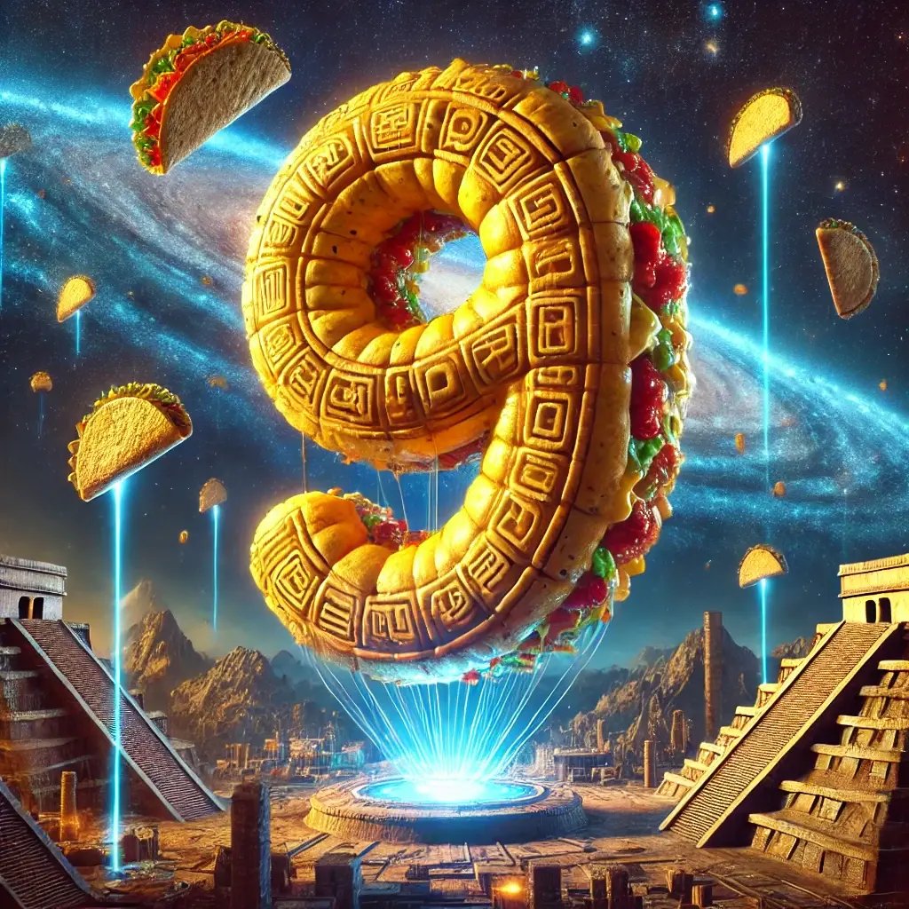 DALL·E 2025-02-06 09.32.57 - A massive number 9-shaped balloon, made from a glowing, golden taco shell, floats through an ancient alien temple in deep space. The balloon is covere