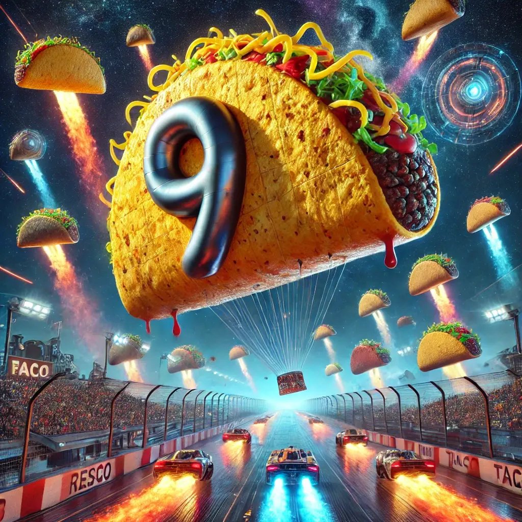 DALL·E 2025-02-06 09.33.00 - A colossal number 9 balloon, shaped like a crunchy taco, soaring through an intergalactic racetrack. The balloon has a crispy, golden shell with melte