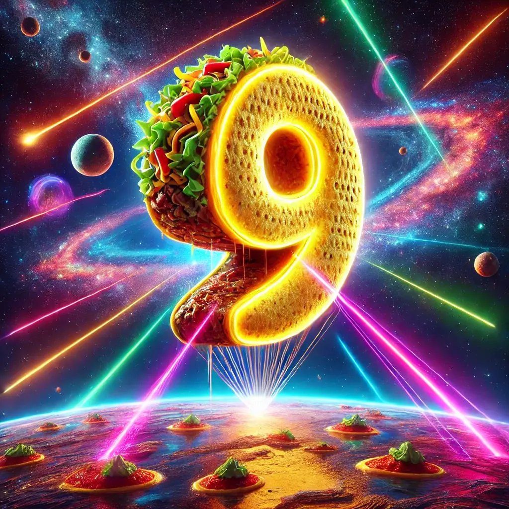 DALL·E 2025-02-06 09.33.11 - A massive cosmic balloon in the shape of the number 9, floating through a neon-colored galaxy. The balloon has a glowing taco texture, with a golden t