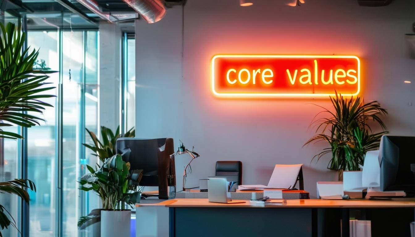 Office with a neon sign that reads: core values