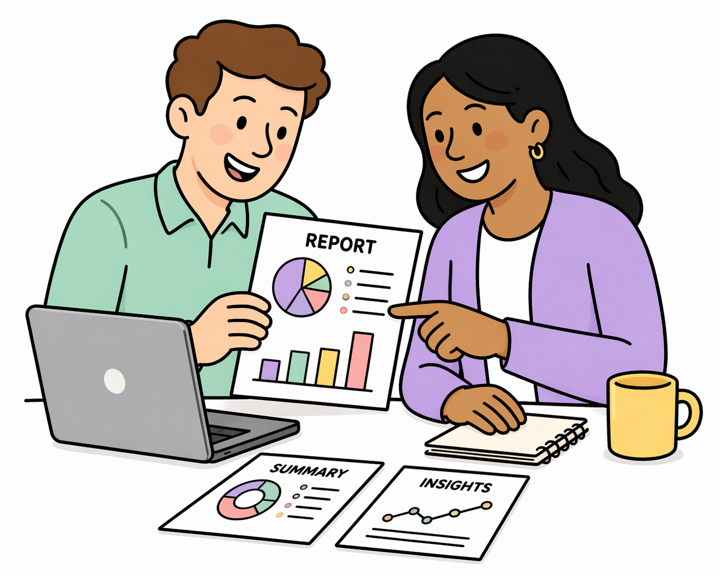 two people looking over a report