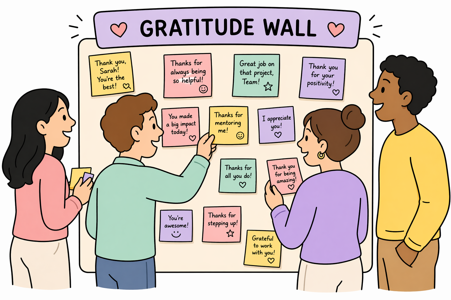employees standing by the gratitude wall