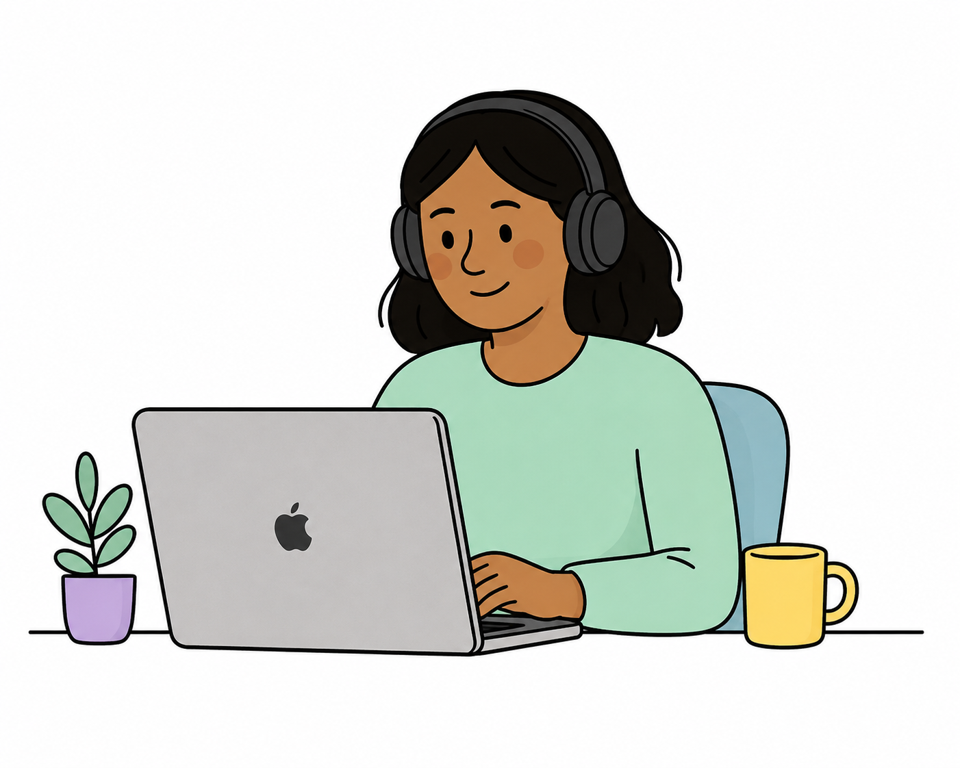 woman sitting looking at her laptop screen smiling 