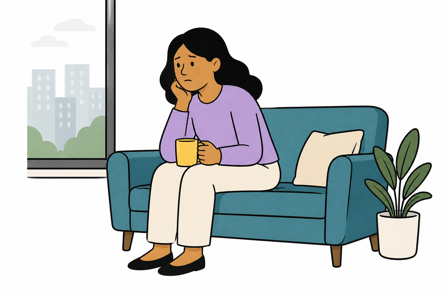 a woman sitting on a couch looking defeated
