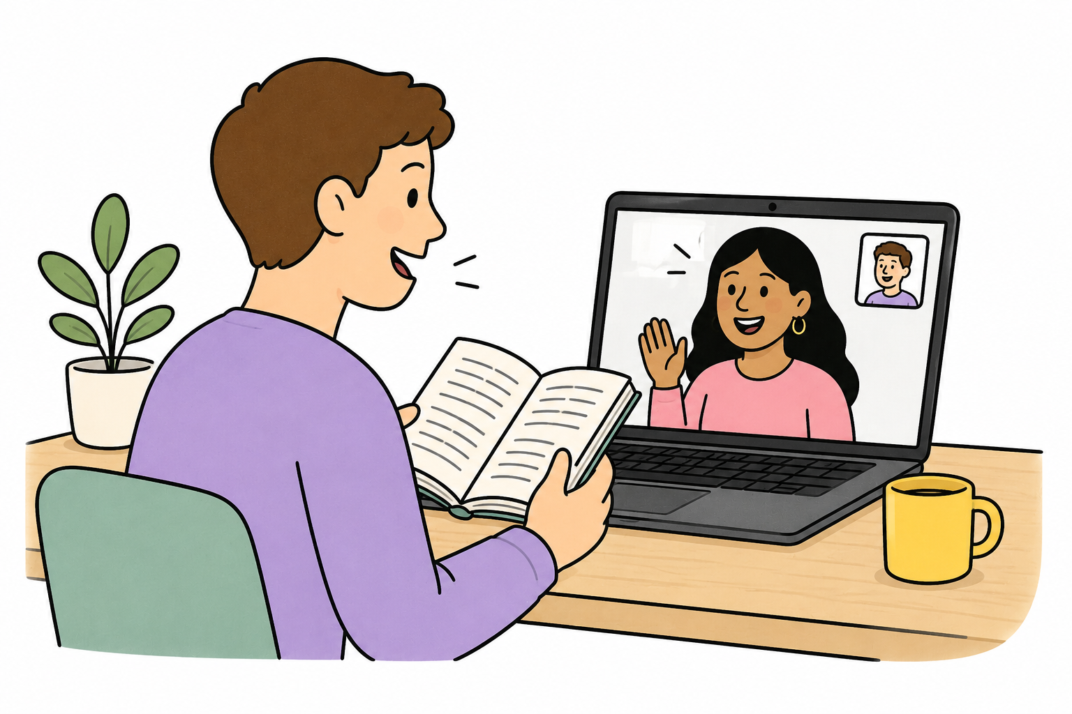 two employees having a book conversation online