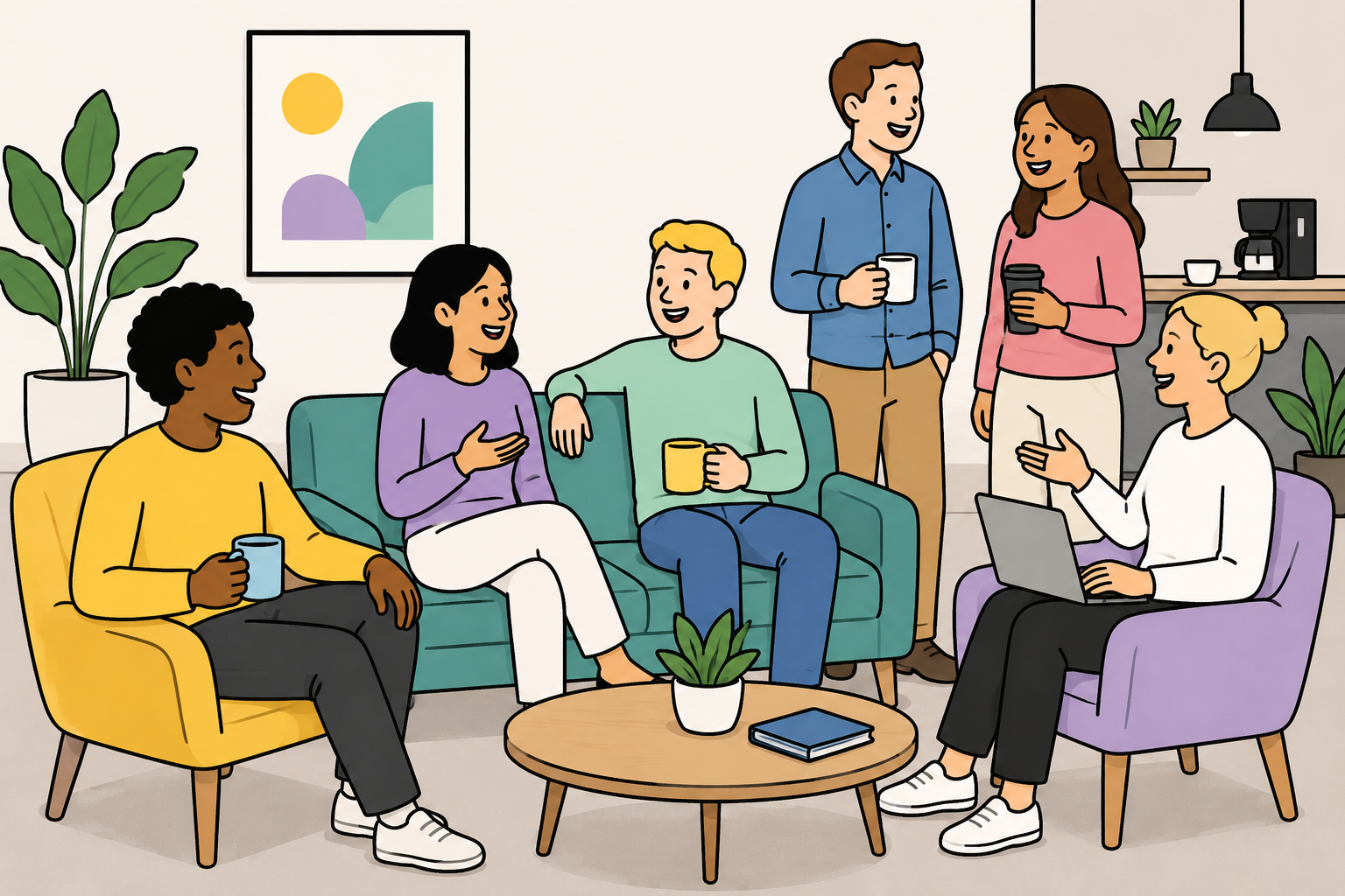 group of colleagues chatting in an office