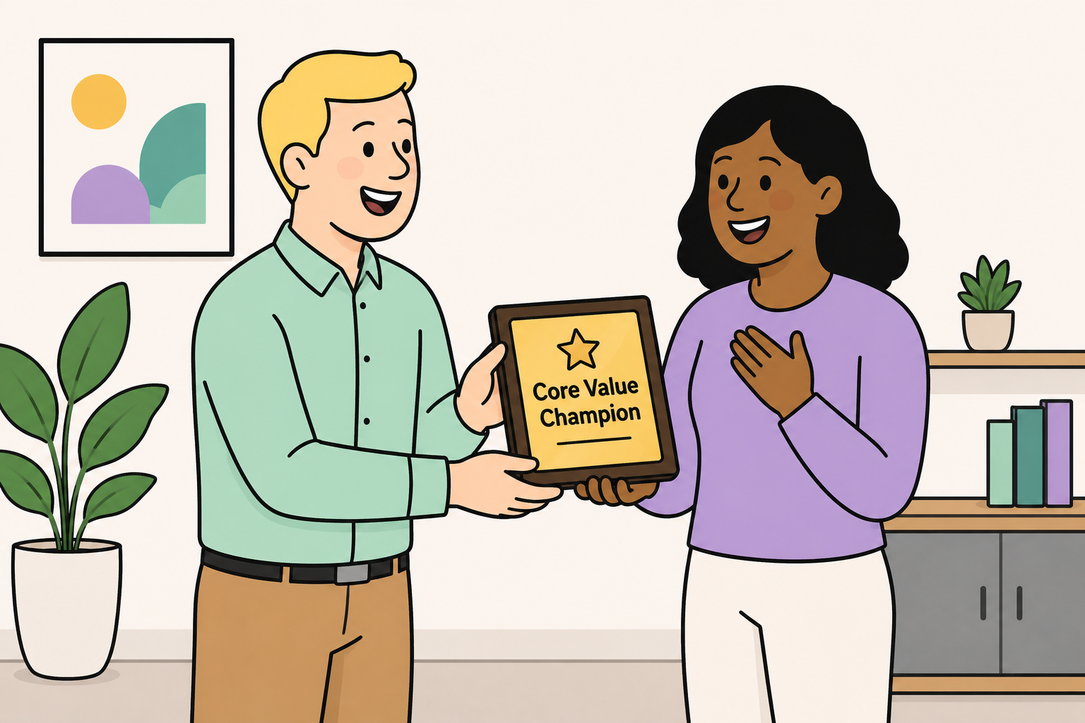 person receiving a Core Values Champion plaque award from a colleague 