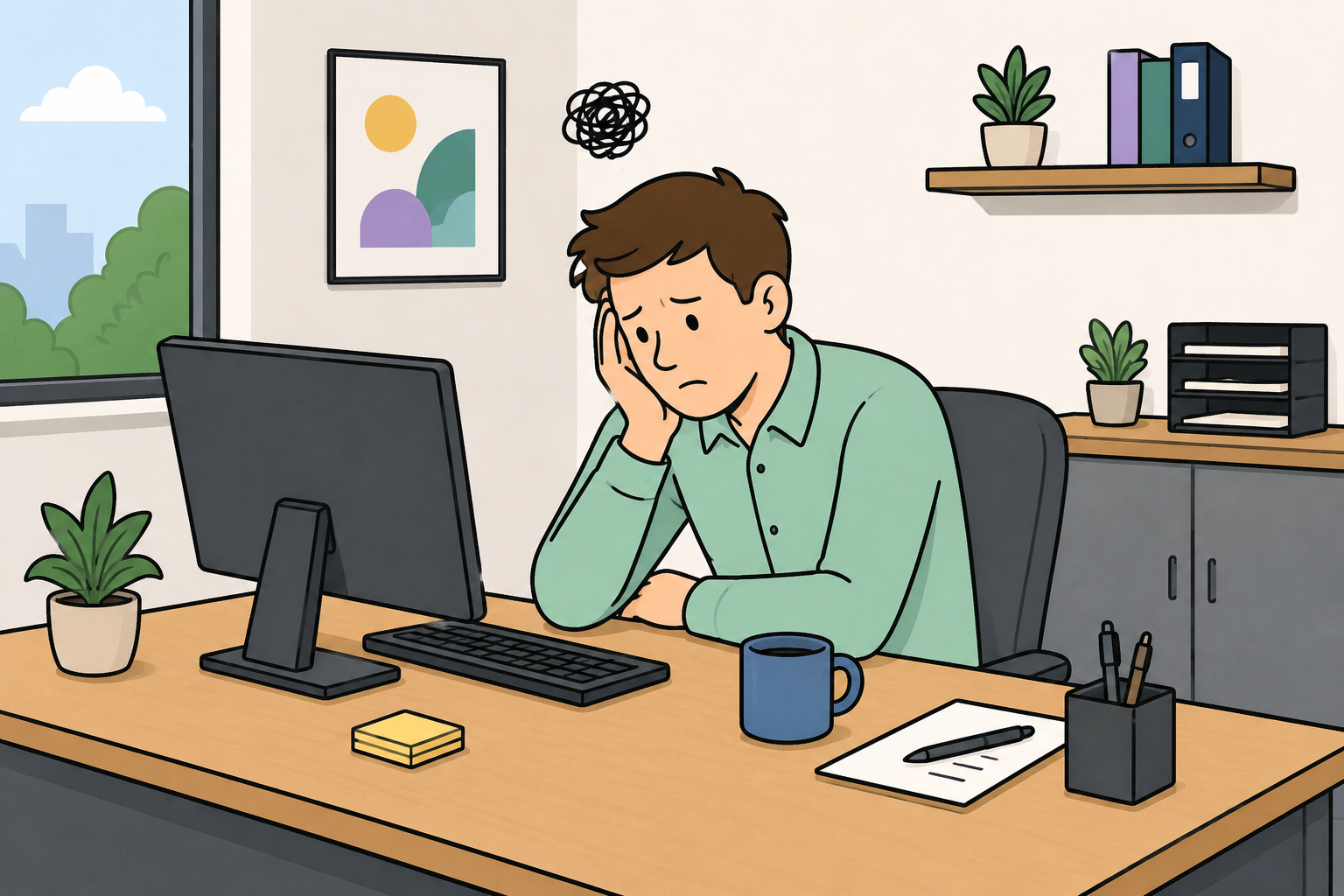 employee sitting in an office feeling depleted