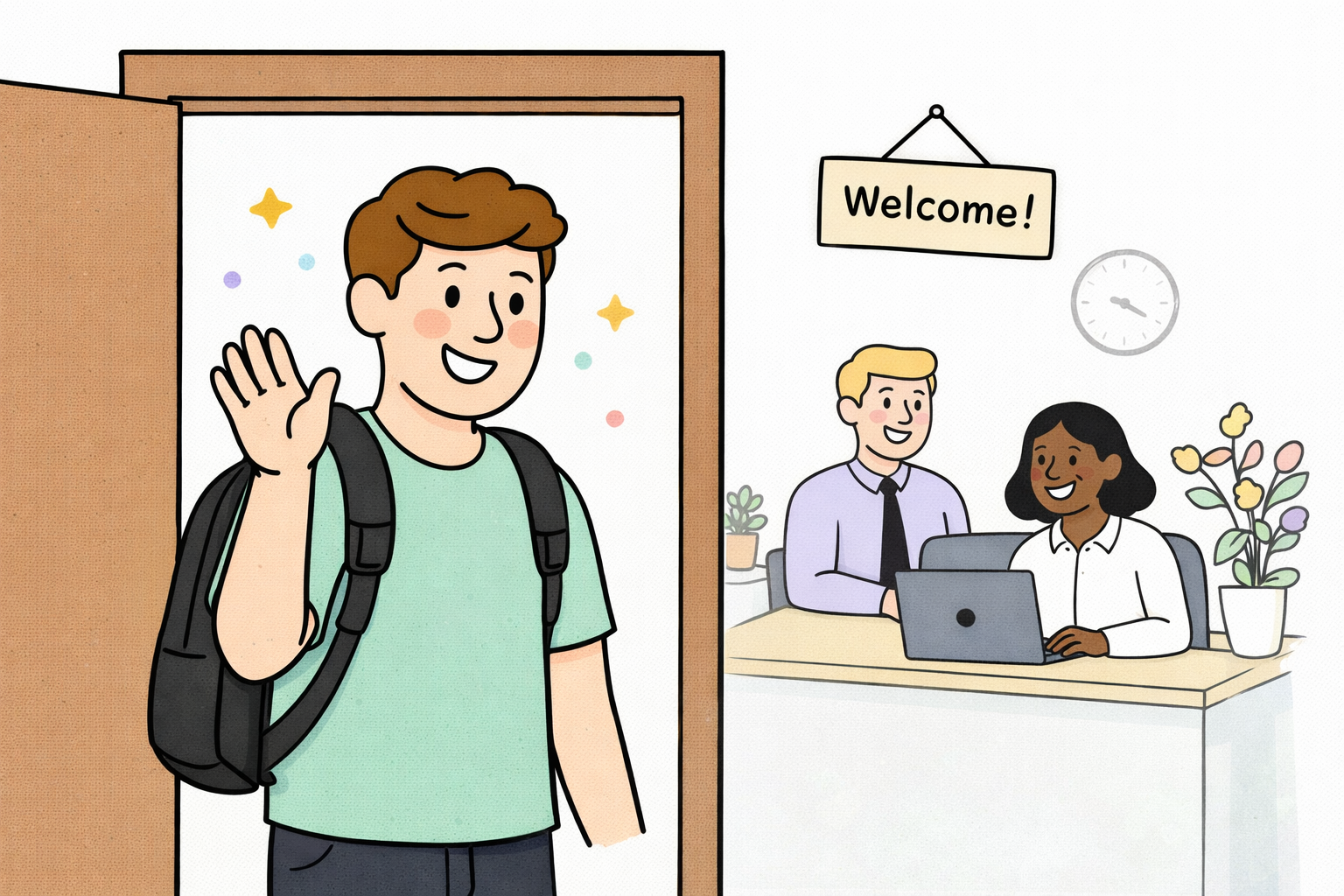 new hire walking into the office on their first day