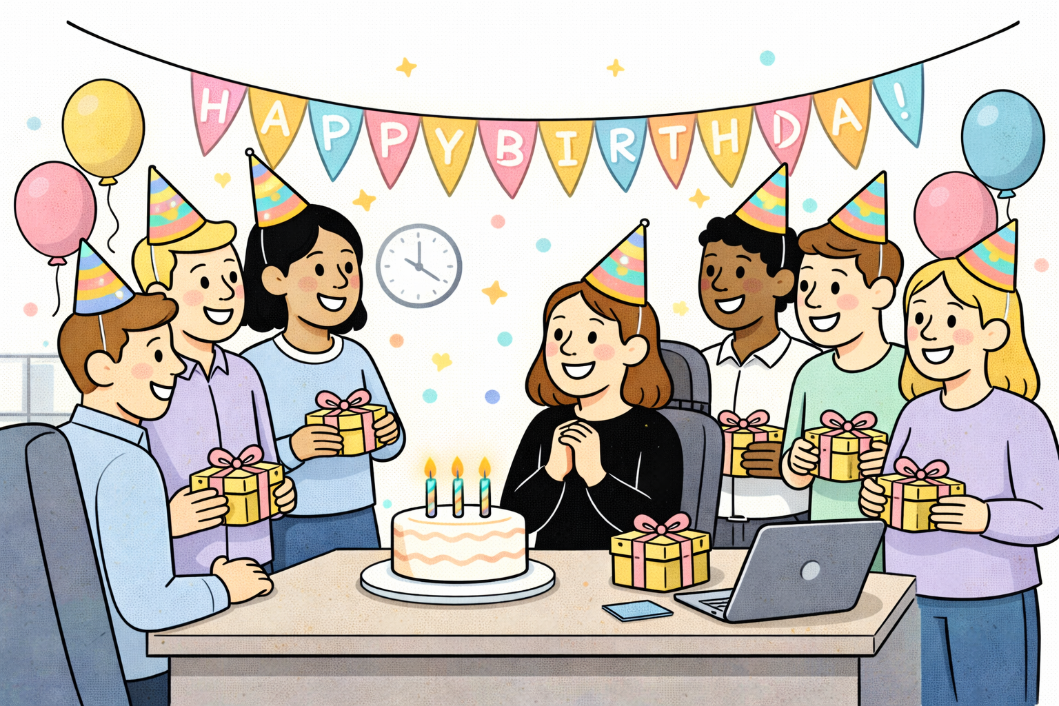 coworkers celebrating a birthday in the office