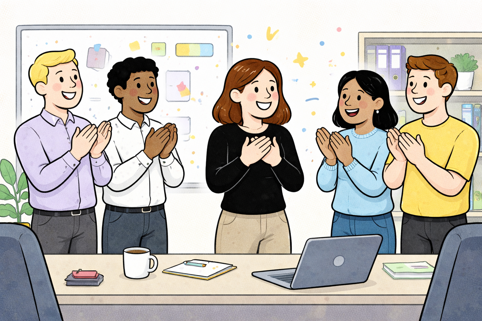 a few people clapping for a colleague in the office