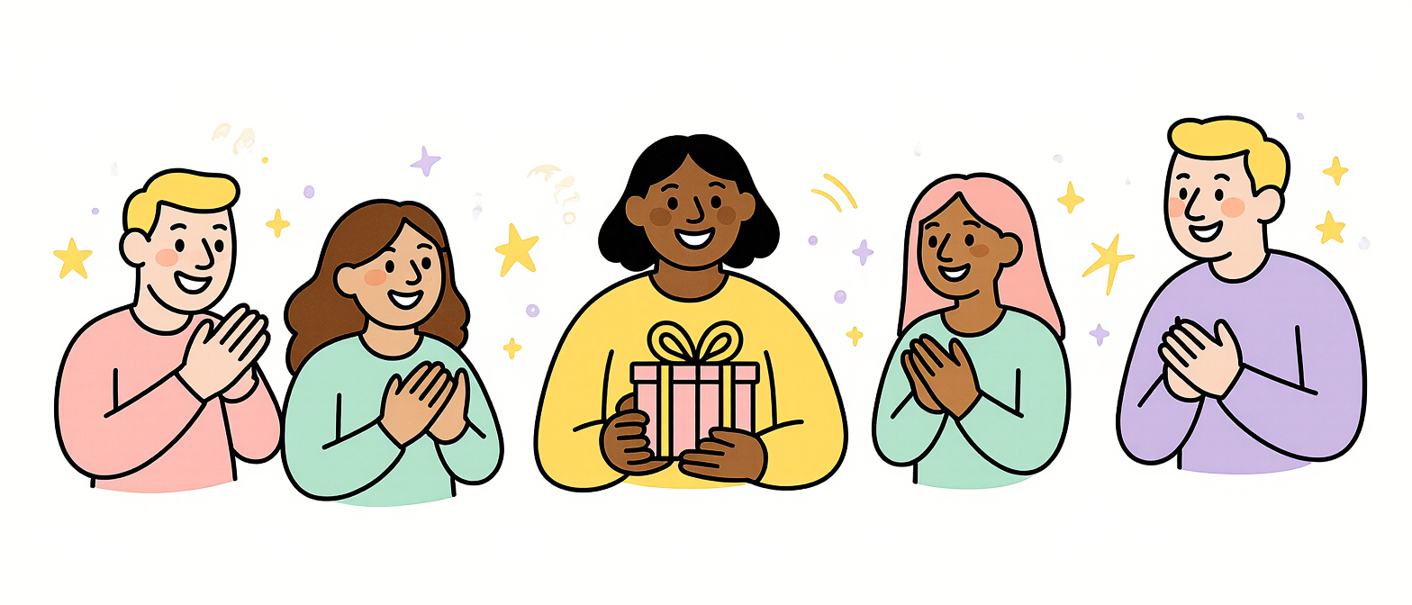 a person holding a gift with others clapping in the background 