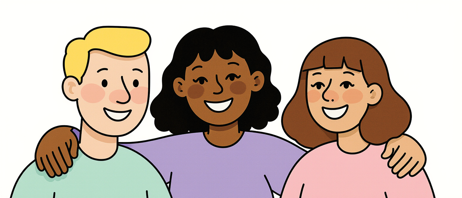 Three people standing next to each other, smiling.