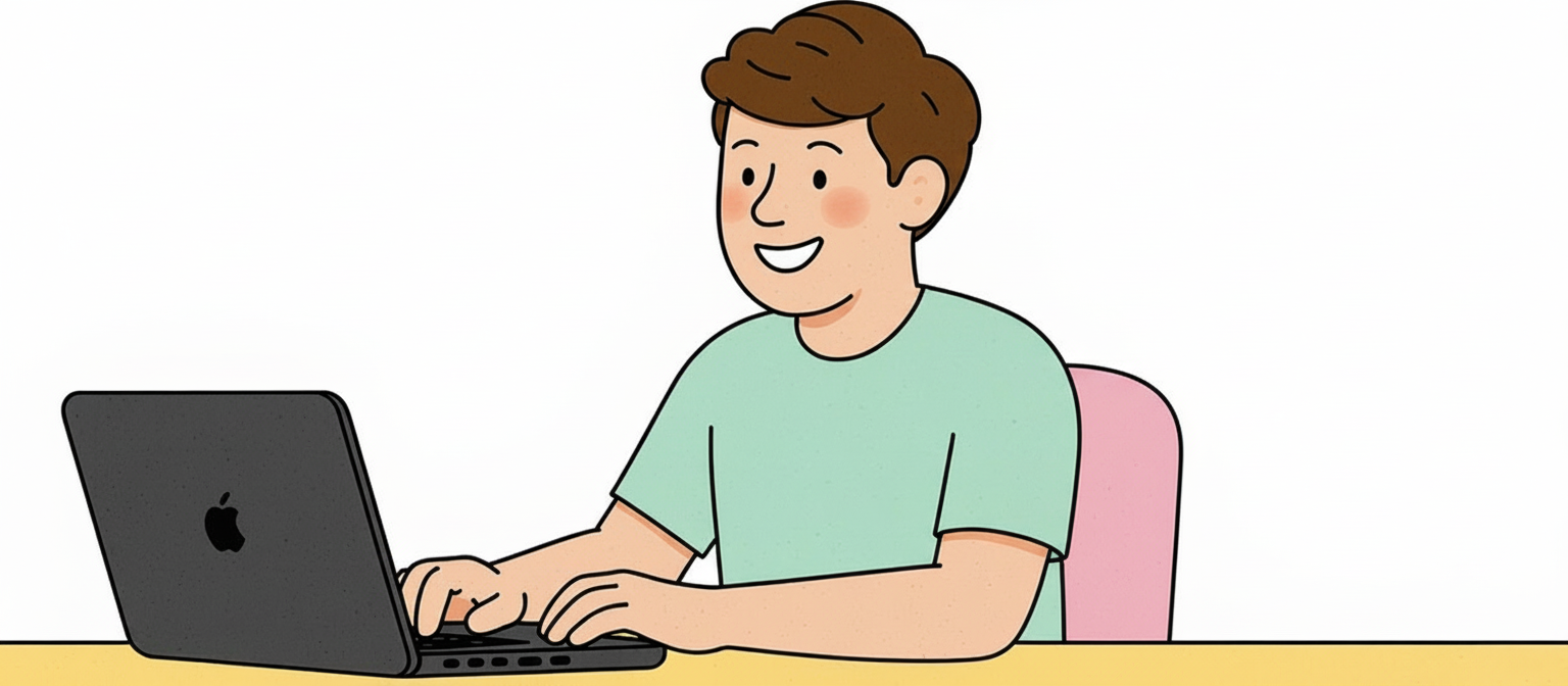 a person typing on their computer smiling 