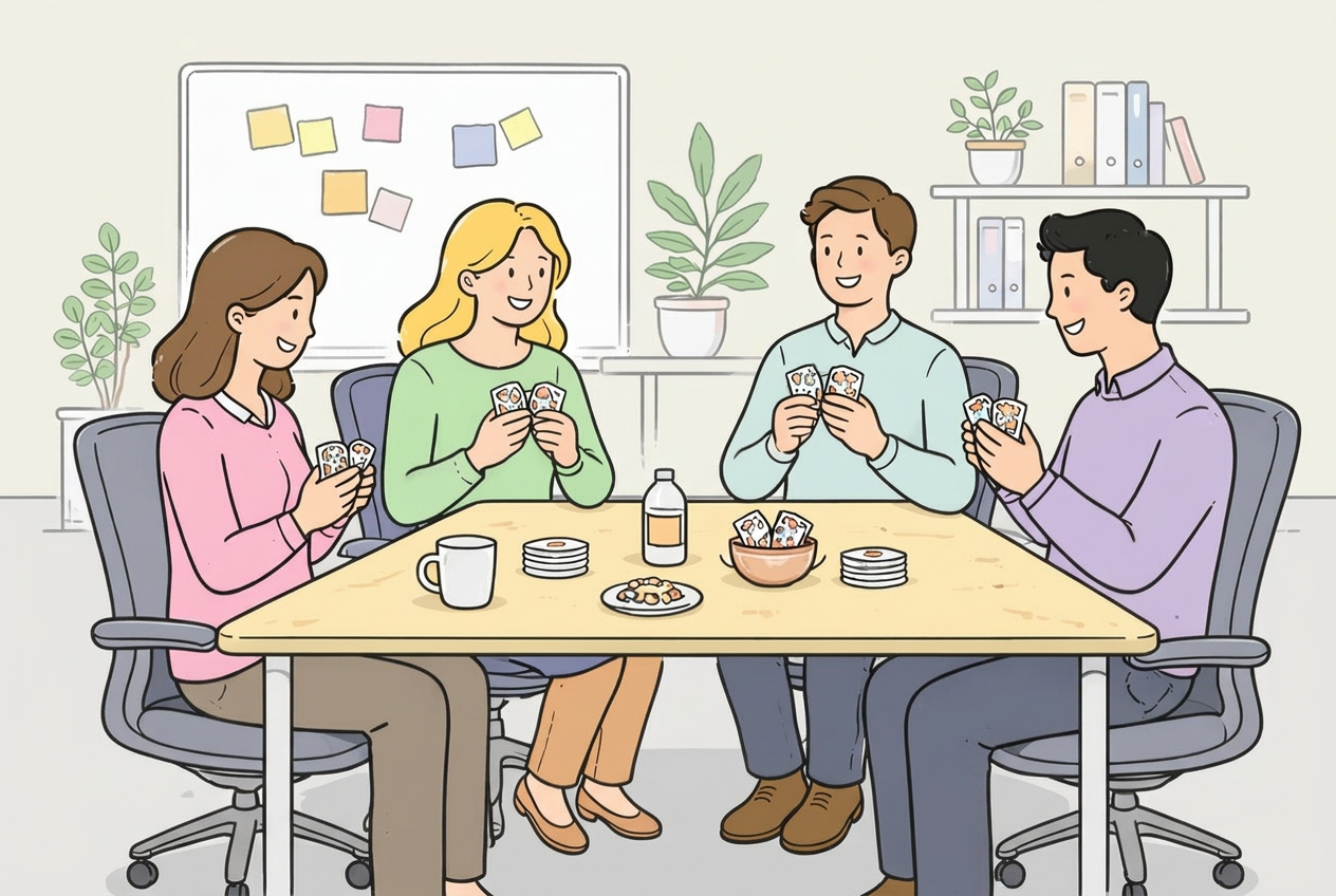 coworkers playing cards together in the office